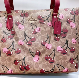 Coach Gallery Tote Cherry Print Brown Signature Canvas  CAA71 Shoulder Bag