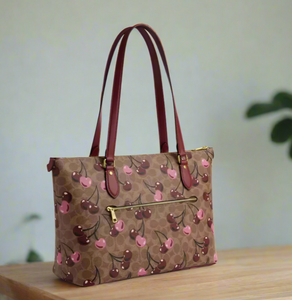 Coach Gallery Tote Cherry Print Brown Signature Canvas  CAA71 Shoulder Bag