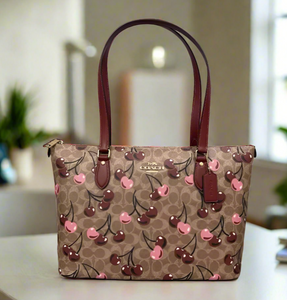 Coach Gallery Tote Cherry Print Brown Signature Canvas  CAA71 Shoulder Bag