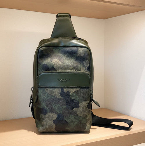 Camouflage-patterned sling bag with visible brand logo on a white background