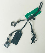 Load image into Gallery viewer, Black leather lanyard with metal charms and a visible brand tag on a white background