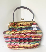 Load image into Gallery viewer, A handmade crocheted handbag with horizontal stripes of multiple colors including pink, blue, green, yellow, and orange, featuring a dark brown top handle and a gold-tone metal frame.