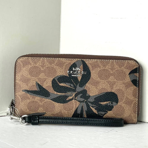 Coach Long Zip Around Black Bow Wallet Phone Wristlet Brown Canvas CZ326