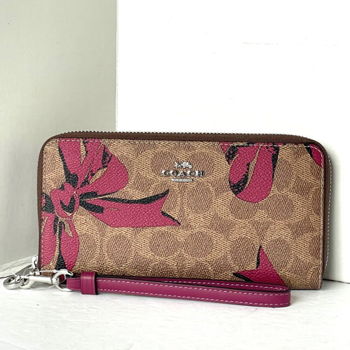 Coach Long Zip Around Red Bow Wallet Phone Wristlet Brown Canvas CZ326