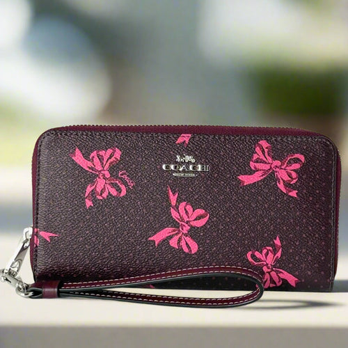 Coach Long Zip Around Red Bow Wallet Phone Wristlet Merlot Canvas CZ327