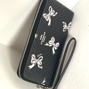 Coach Long Zip Around White Bow Wallet Phone Wristlet Black Canvas CZ327
