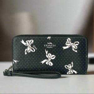 Coach Long Zip Around White Bow Wallet Phone Wristlet Black Canvas CZ327