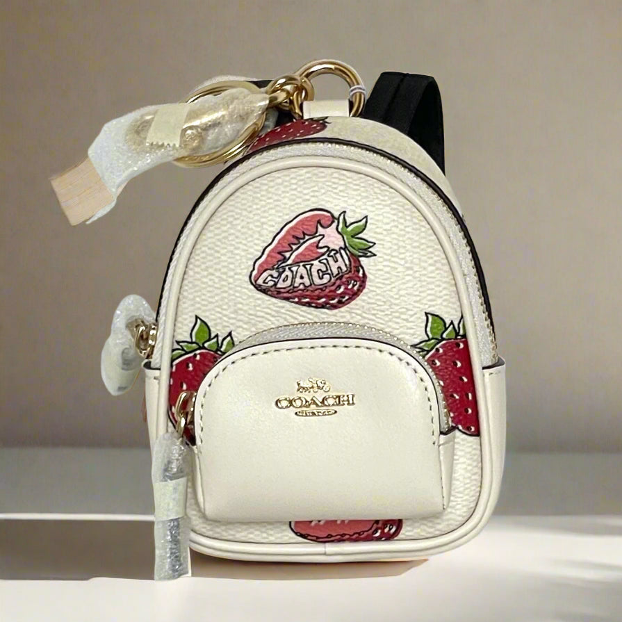 Coach Mini Court Strawberry Backpack CA093 Bag Charm White Keychain OR β Luxe Fashion Finds