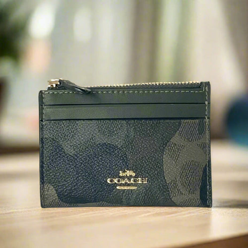 Coach Mini Skinny ID Wallet Camo Keyring CW871 Signature Green Canvas