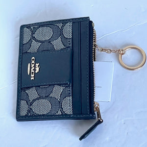 Coach Mini Skinny ID Wallet Jacquard Blue Keyring Refined Leather CU988