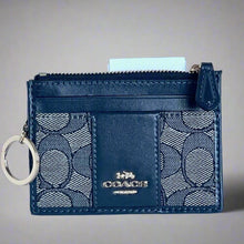 Load image into Gallery viewer, Coach Mini Skinny ID Wallet Jacquard Blue Keyring Refined Leather CU988