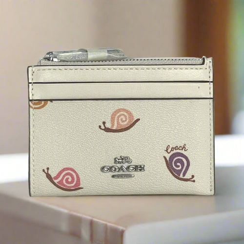 Coach Mini Skinny ID Wallet Womens White Snail Print Keyring CV287 Mini ORGPKG
