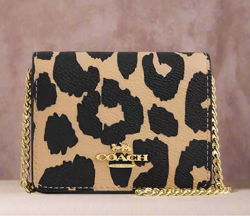 Coach CX151 Mini Wallet On Chain Leopard Print Canvas Crossbody