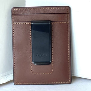 Coach Money Clip Card Case Mens Dark Saddle Leather C6702 Wallet Compact