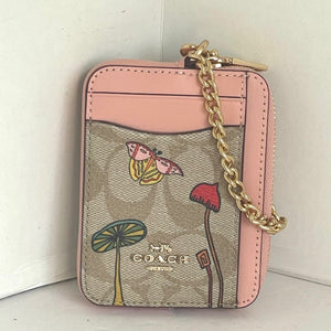 Coach Observed By Us Zip Card Case Signature Canvas Leather Khaki CU403 Pink