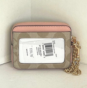 Coach Observed By Us Zip Card Case Signature Canvas Leather Khaki CU403 Pink