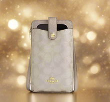Load image into Gallery viewer, Coach Phone Crossbody Bag Signature Canvas Champagne Gold Leather CW401