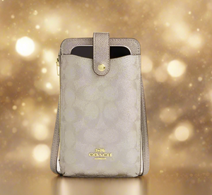 Coach Phone Crossbody Bag Signature Canvas Champagne Gold Leather CW401