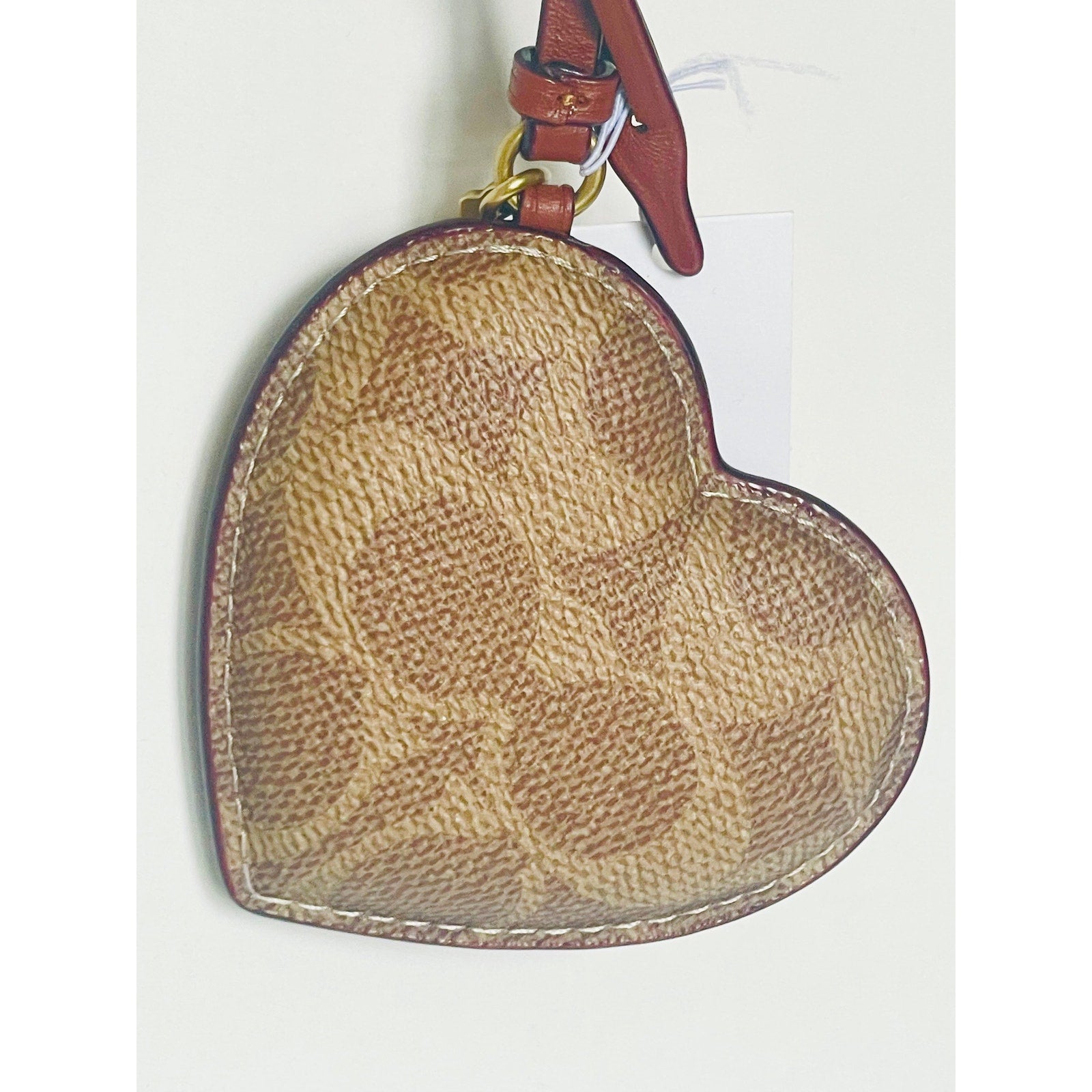 Coach Puffy Heart Bag Charm Signature Canvas Tan Brown Leather