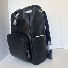 Load image into Gallery viewer, Black backpack with a visible brand logo on a white background