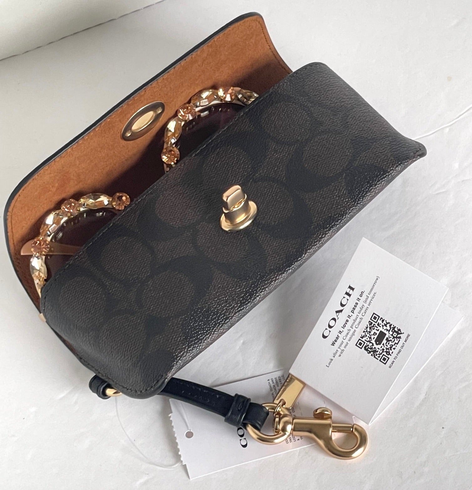 Coach eyeglass Sunglass Case turn lock with clip NWT Coach Sunglass Case Bag Charm With Floral Print Brass  main image 2