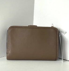 Brown leather wallet with a tag on a white background