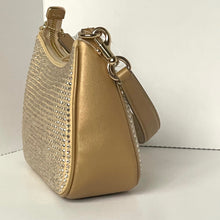 Load image into Gallery viewer, Gold handbag with rhinestone embellishments on a light background