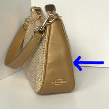 Load image into Gallery viewer, Gold Coach handbag with rhinestone details on a white background