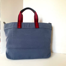 Load image into Gallery viewer, Blue tote bag with red straps on a white background