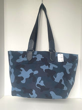 Load image into Gallery viewer, Blue camouflage tote bag with a visible tag on a white background