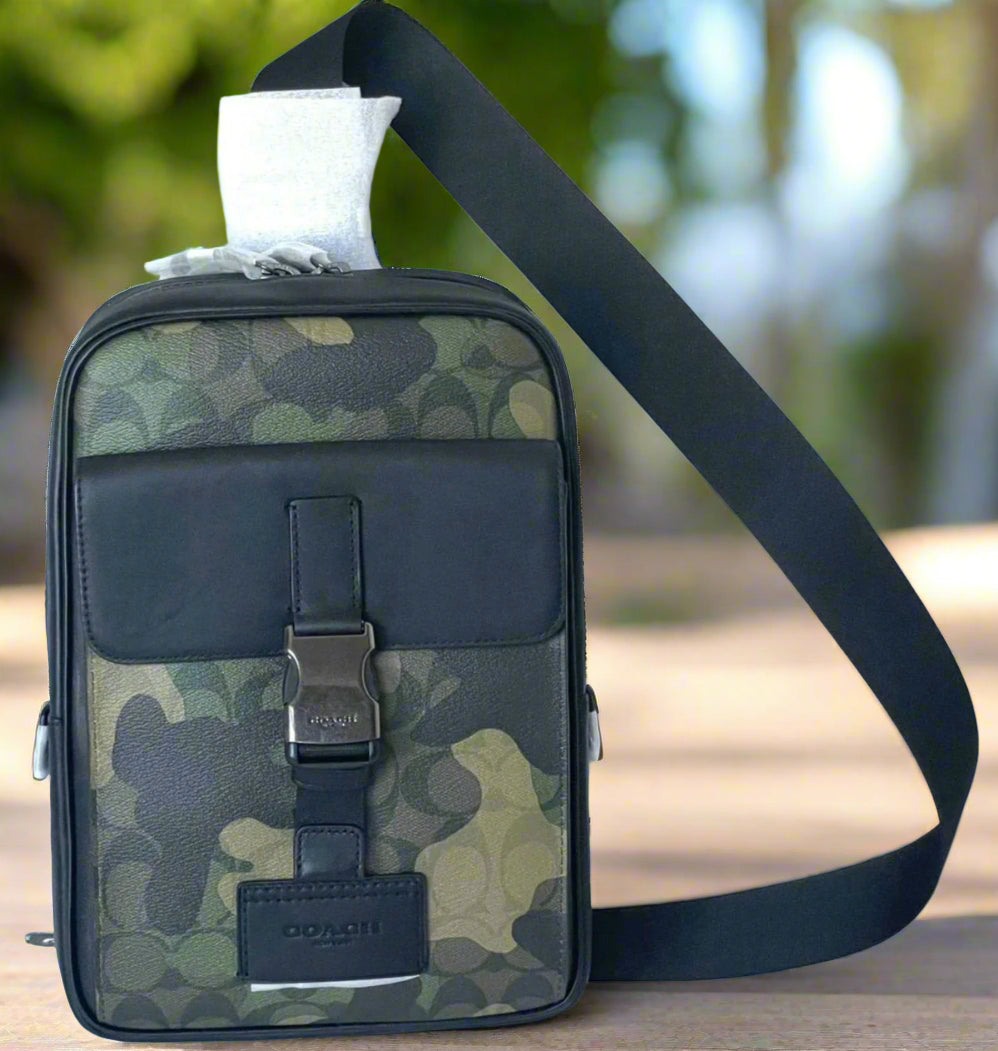 Coach Track Pack Camo Sling Signature Canvas Leather CL944 Shoulder Bag Green