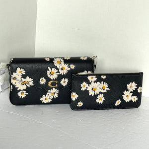 Coach Wyn Crossbody Bag Envelope Clutch Black Leather Daisy Floral CS017