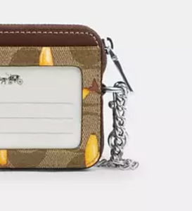 Coach Zip Card Case Banana CR833 ID Wallet Brown Canvas Leather Chain Strap