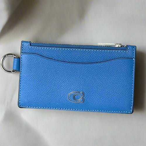 Coach Zip Card Case Leather Wallet Blue With D-Ring Clip Blue Unisex