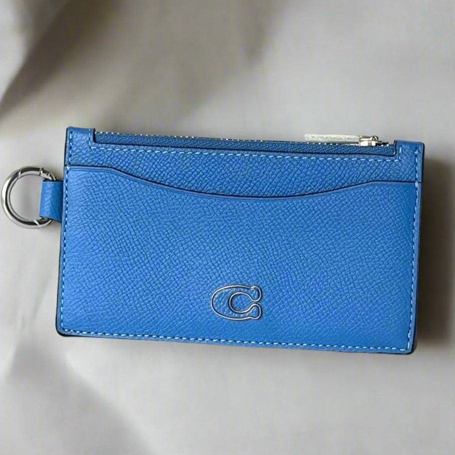 Coach Zip Card Case Leather Wallet Blue With D-Ring Clip Blue Unisex