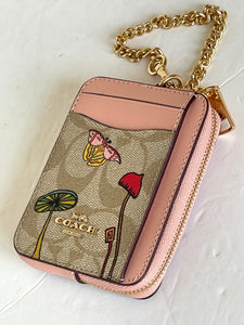 Coach Observed By Us Zip Card Case Signature Canvas Leather Khaki CU403 Pink