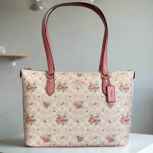 Coach Vintage Floral Gallery Tote Large Beige Zip Signature Canvas CBF1 Pink ORGPKG
