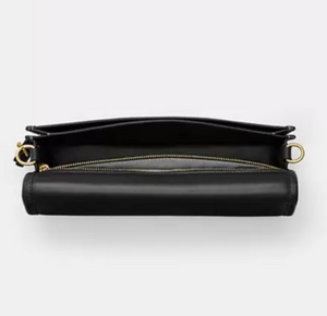 Black leather clutch bag with gold accents on a white background