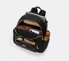 Load image into Gallery viewer, Black backpack with gold zippers on a white background