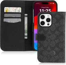 Load image into Gallery viewer, Coach iPhone 15 PRO MAX Folio Case Black Signature Canvas Detachable Wallet