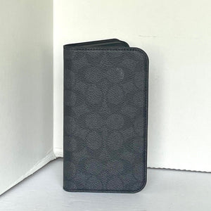 Coach iPhone 15_14_13 Folio Case Black Signature Canvas Detachable Wallet