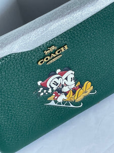 Coach x Disney Corner Zip Wristlet Green Leather Sled Minnie Mickey Holiday CN025