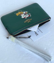 Load image into Gallery viewer, Coach x Disney Corner Zip Wristlet Green Leather Sled Minnie Mickey Holiday CN025