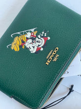 Load image into Gallery viewer, Coach x Disney Corner Zip Wristlet Green Leather Sled Minnie Mickey Holiday CN025