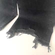 Load image into Gallery viewer, Black distressed denim shorts on a white background