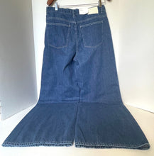 Load image into Gallery viewer, Blue denim bell-bottom pants on a white background