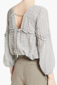 Derek Lam Shirt Womens 10 Gray V-Neck Stripe Cotton Tunic Tassel Tie Top