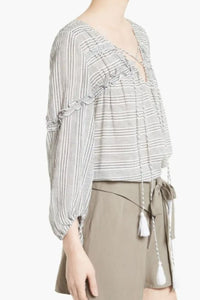 Derek Lam Shirt Womens 10 Gray V-Neck Stripe Cotton Tunic Tassel Tie Top