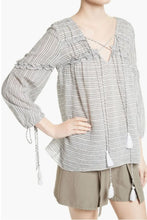 Load image into Gallery viewer, Derek Lam Shirt Womens 10 Gray V-Neck Stripe Cotton Tunic Tassel Tie Top