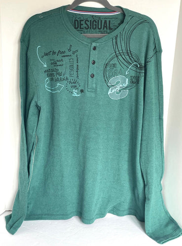 Desigual Henley Shirt Mens Extra Large Green Long Sleeve Graphic 3-Button Sweater